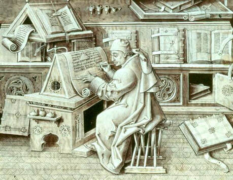 Medieval scribe sitting at desk in scriptorium copying a manuscript with a quill and surrounded by codices