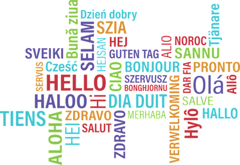 Word cloud with Hello written in many different languages and colours